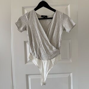 Lulu's Gray and white striped Wrap Bodysuit Short Sleeve